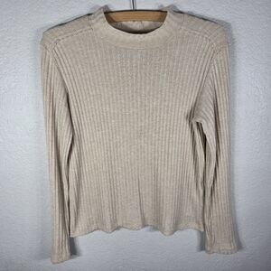 Zara Ribbed Knit Top Shirt Mock Neck Size S Long Sleeve Cream Tan Stretch